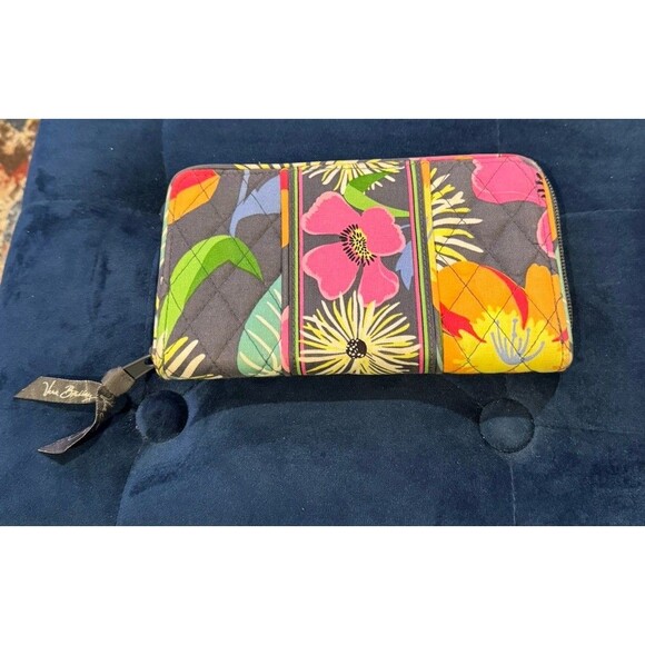 Vera Bradley Jazzy Blooms 8” Wallet Gray Pink Orange Green Zip Compartments - Picture 2 of 5
